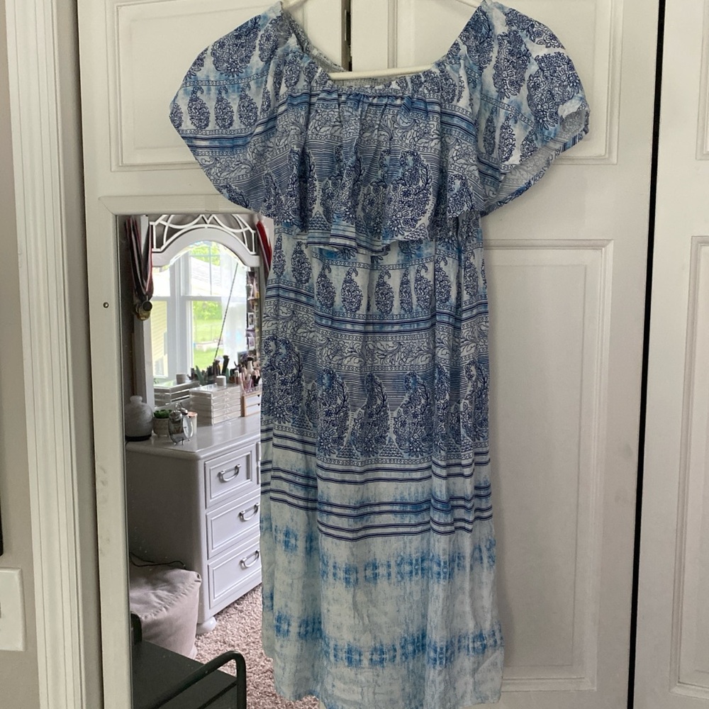 Blue and white off the shoulder dress